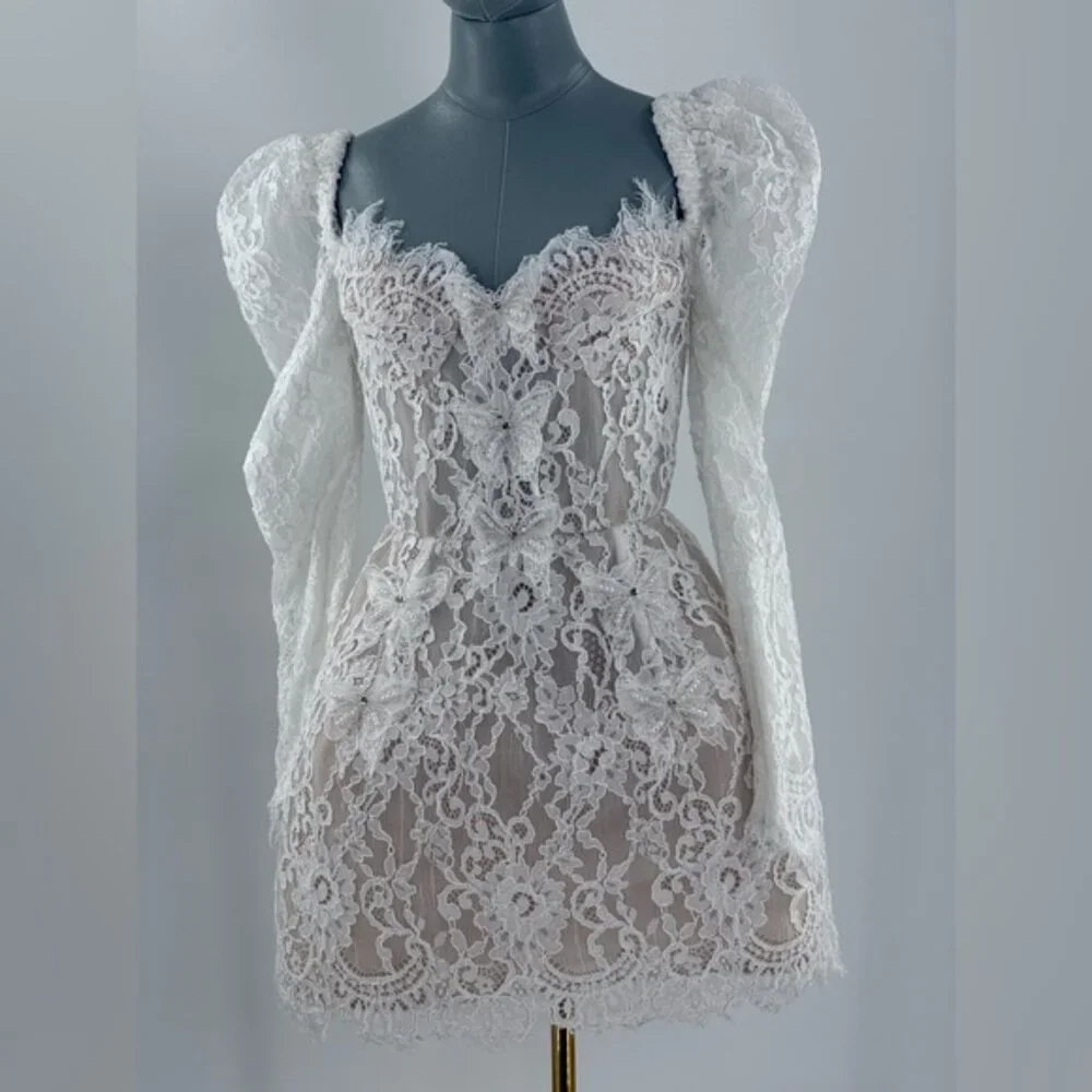 🆕 BRONX & BANCO 🧿 NWOT Colette Lace Long Sleeve Mini Dress, White Sz S / US 4